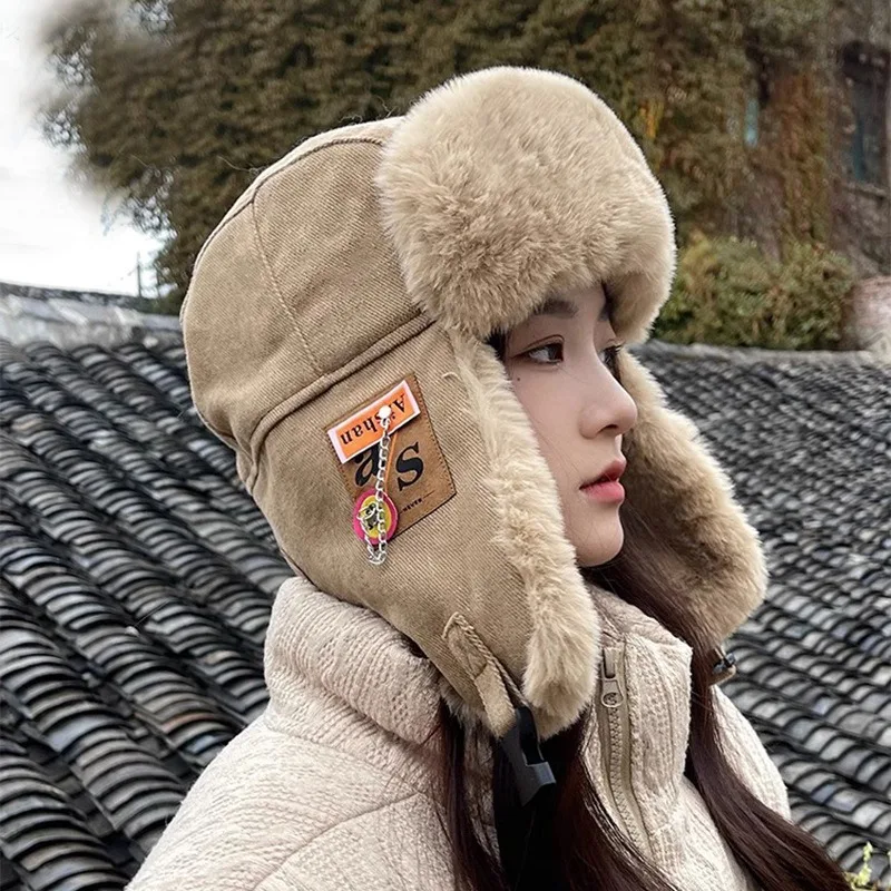 Unisex Winter Thick Lei Feng Hat Windproof Warm Earflap Cycling Plush Patch Chain Cotton Aviator Trapper Hat