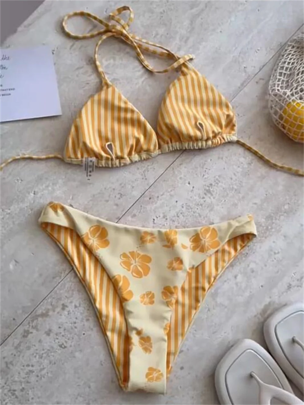 Kawaii Yellow Floral Bikini Striped Patchwork Swimsuit Women 2 Piece Backless Halter String Print Swimwear Vacation Beach Outfit