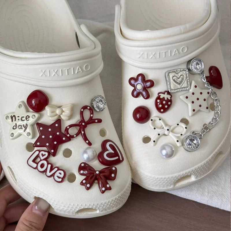 DIY Pearl Star Shoe Decoration Set with Fashion Red Bow Char