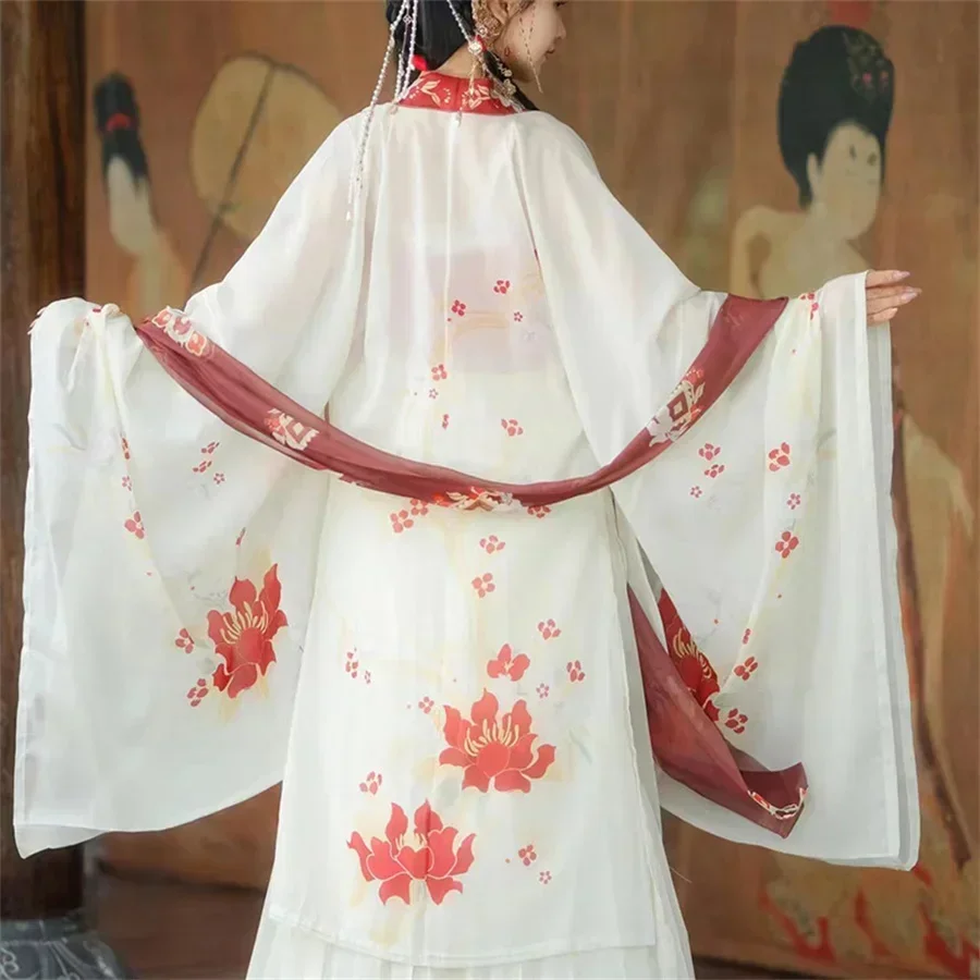 Chinese Hanfu Dress Women Traditional Vintage Hanfu Halloween Cosplay Costume Summer Dance Dress Hanfu Gradient Red 3pcs Sets