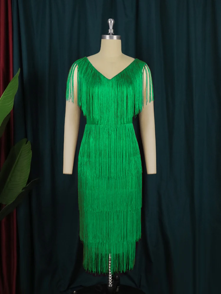 Green Fringe Dresses for Women Sexy V Neck Tassel Cocktail Event Party Outfits Sleeveless High Waist Bodycon Midi Gowns 3XL 4XL