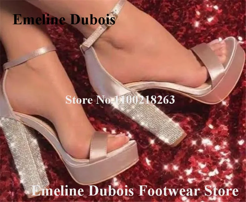 

Rhinestones Chunky Heel Sandals Emeline Dubois Bling Bling Pink Satin Thick Crystals Heels Sandals Platform Sandals Big Size