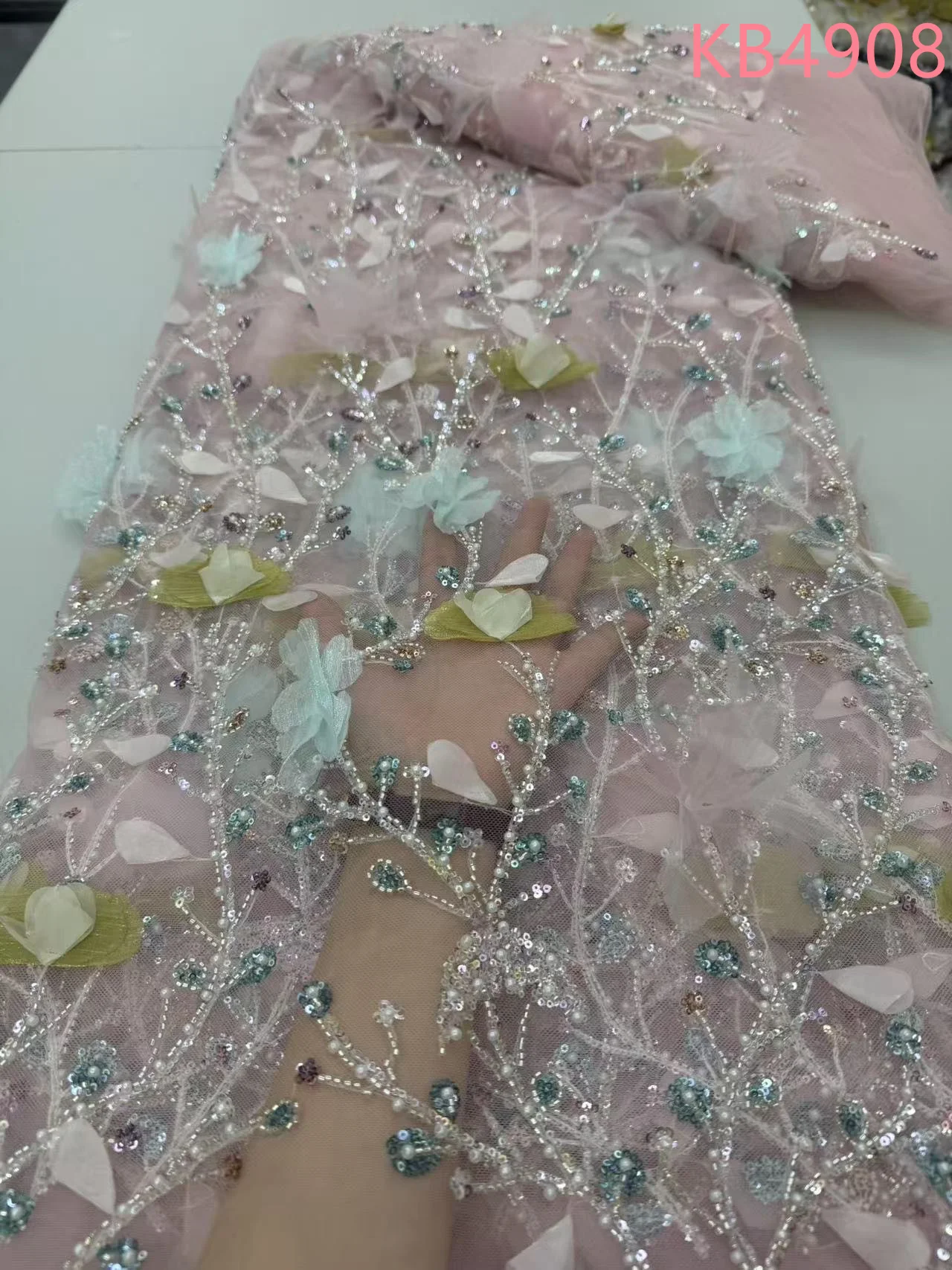 5 야드 아프리카 3D 꽃 페르시 자수 레이스 2025 스팽글 페르시 자수 스팽글 Tulle 레이스 원단 바느질 KB4908