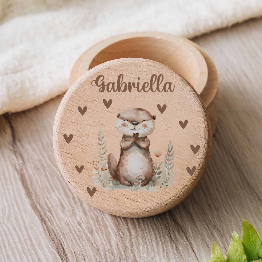 Custom Engraved Name Wooden Tooth Box Personalized Name with Cute Deer Bear Pattern Print Teeth Keepsake Organizer Wood Tooth St