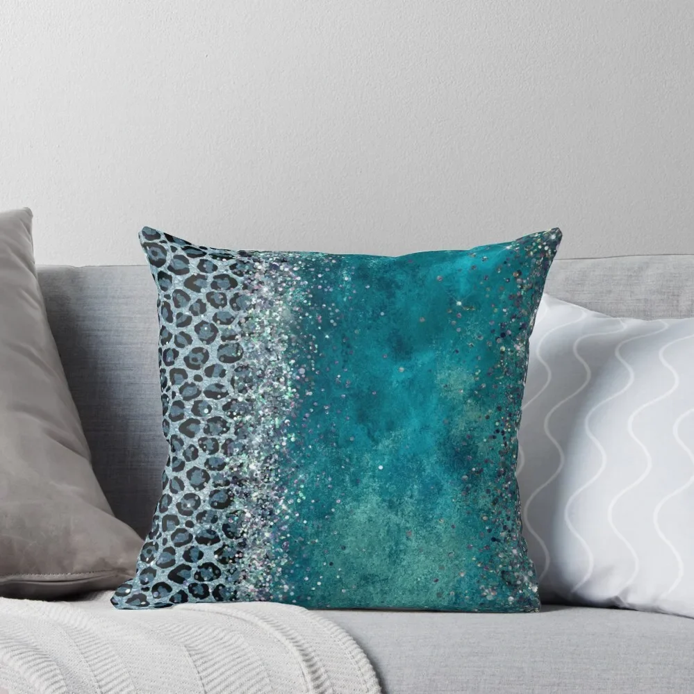 Watercolor Teal Leopard Glittery Silver Sequins Throw Pillow Luxury Sofa Cushions Decorative Cushion Cover pillow