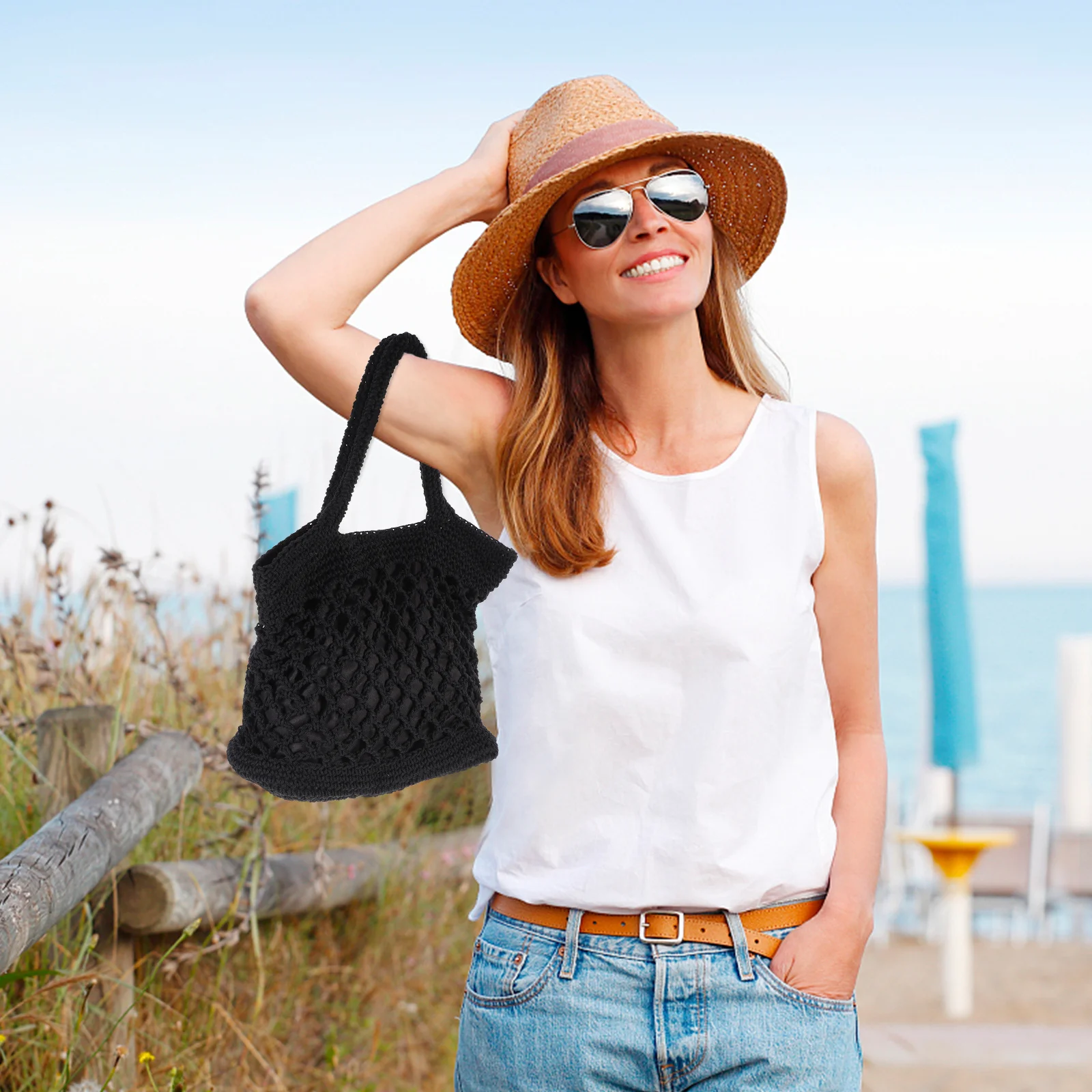 حقيبة شاطئ محمولة بخيط كروشيه يدويًا ذات سعة كبيرة حقيبة كتف عبر الجسم للتسوق على حمام السباحة على الشاطئ #2