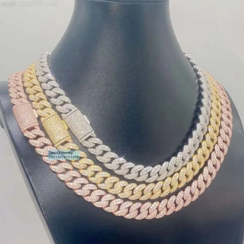 

New Arrivals Fashion Trendy 12mm Two Row 925 Sterling Silver Iced Out Vvs Moissanite Cuban Link Chain Necklace