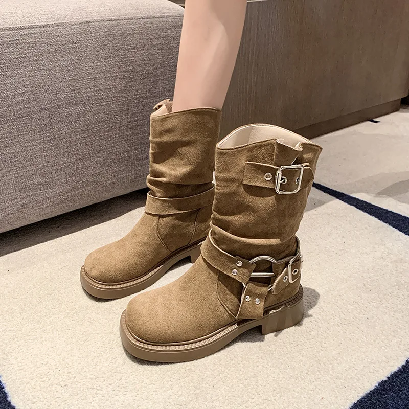 

Thick-Soled Slouch Boots for Women Retro Suede Chunky Heel Winter Western Cowboy Boots High Tube Knight Boots Long Boots