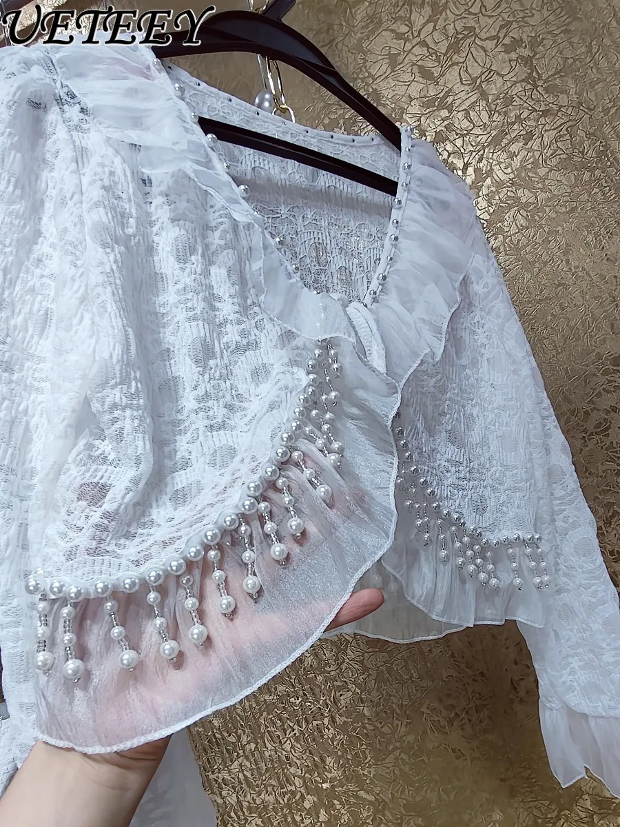 

High-end Custom Fairy White Top Chic Beaded Tassel Lace Ruffle Shawl Air-conditioning Shirt Summer New Sweet Sunscreen Cardigan