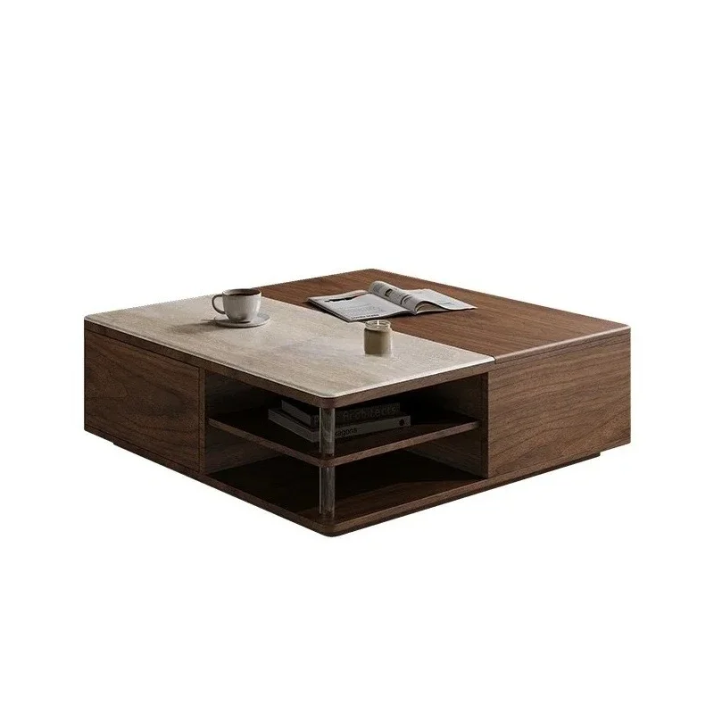 TT Black walnut Nordic modern simple liftable all solid wood storage coffee table square rock slab