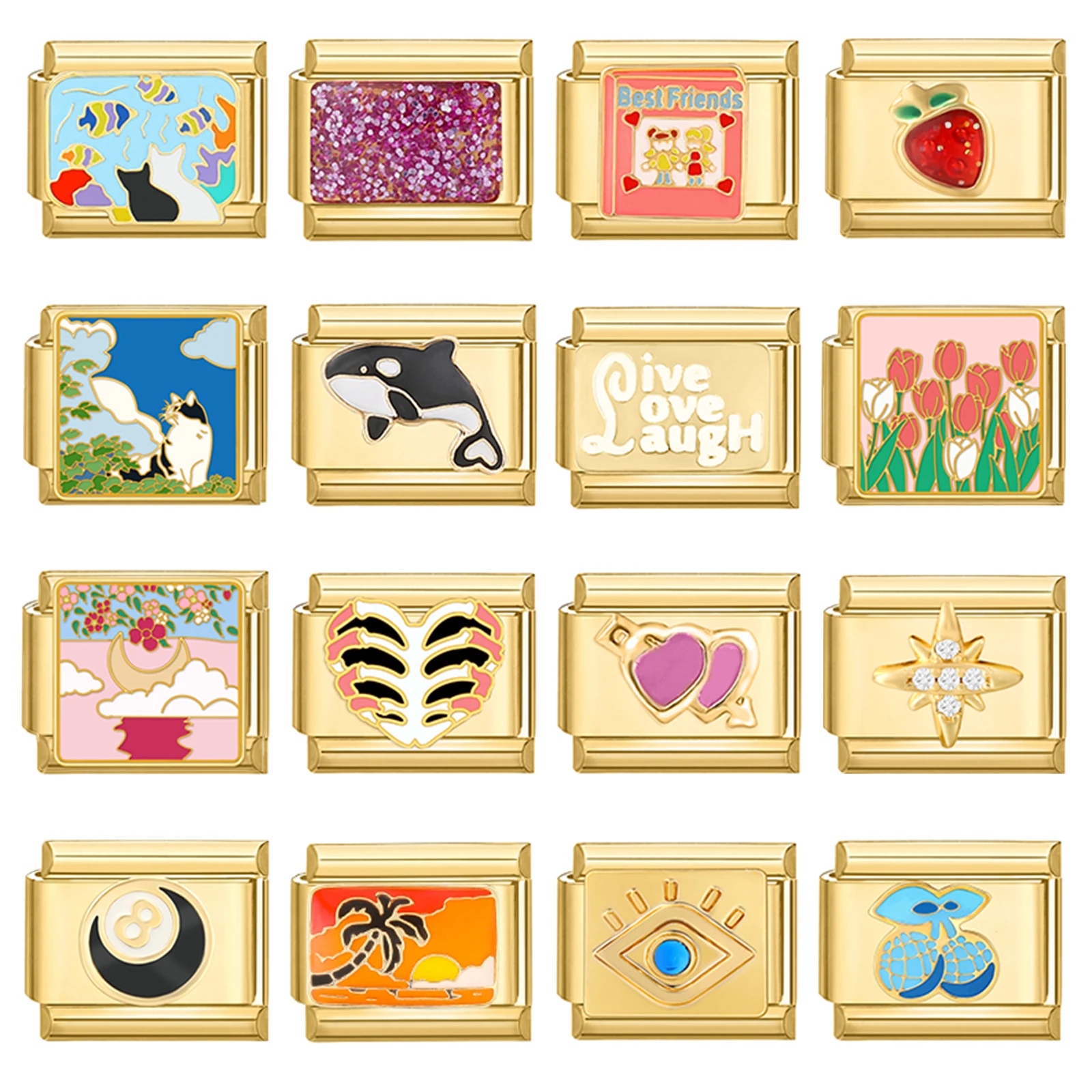 Cuentas de eslabones italianas con diseño de gatos, flores de conejo, ojos de cereza, Color dorado Vintage, aptas para pulsera de acero inoxidable de 9mm, fabricación DIY