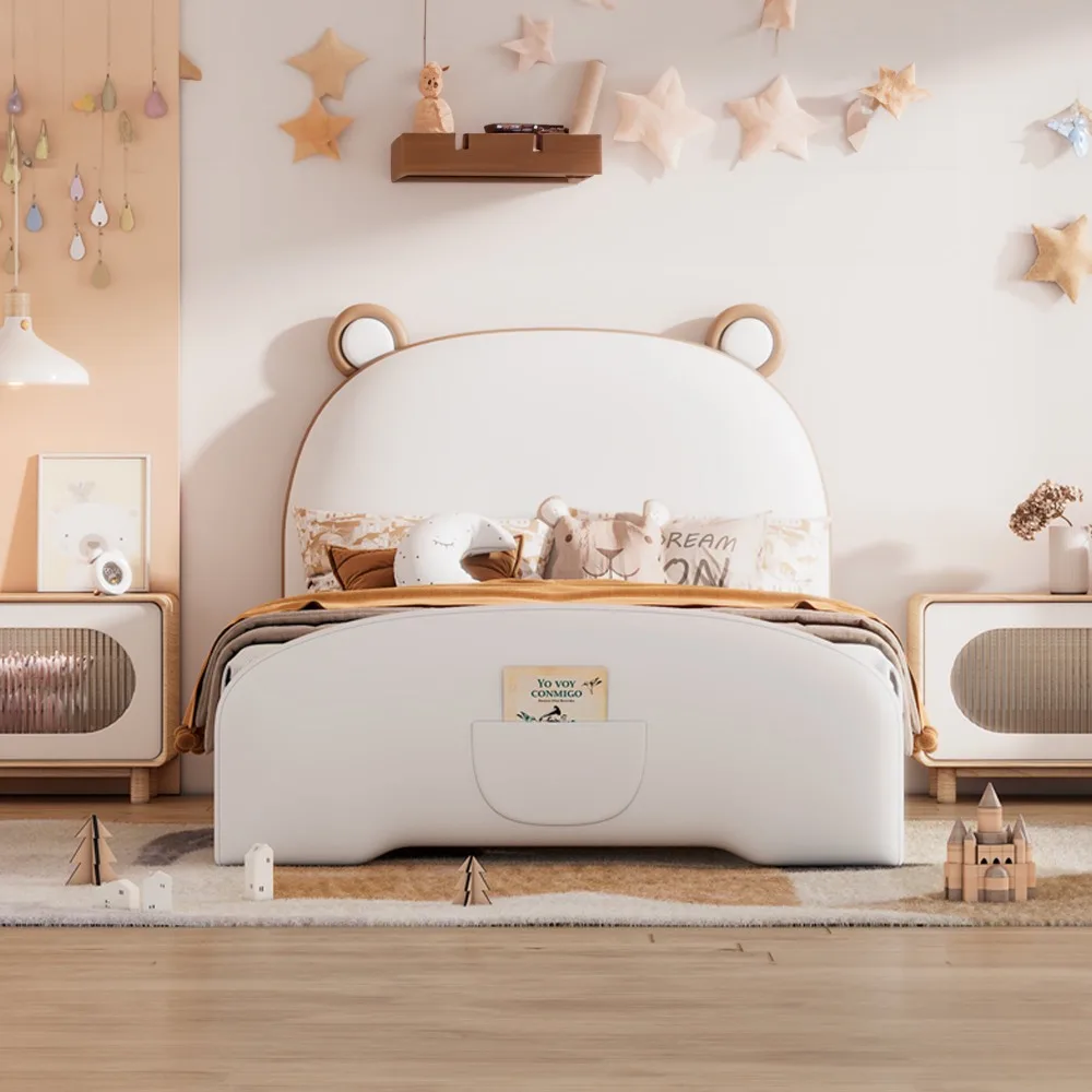

PU leather Upholstered Platform Bed with Bear-shaped Headboard and Footboard, Twin Bed for Kids - White/Brown