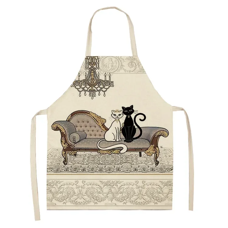 Adult children's flax apron Kitchen cartoon printed cat cleaning house waterproof tool home cleaning accessories delantal