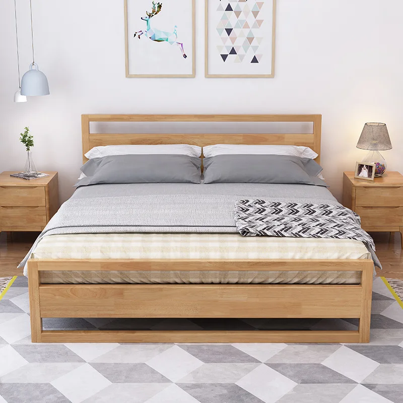 Nordic style solid wood bed, small apartment, master bedroom, 1.5m double bed, 1.8m large wedding bed, modern simple bedroom fur