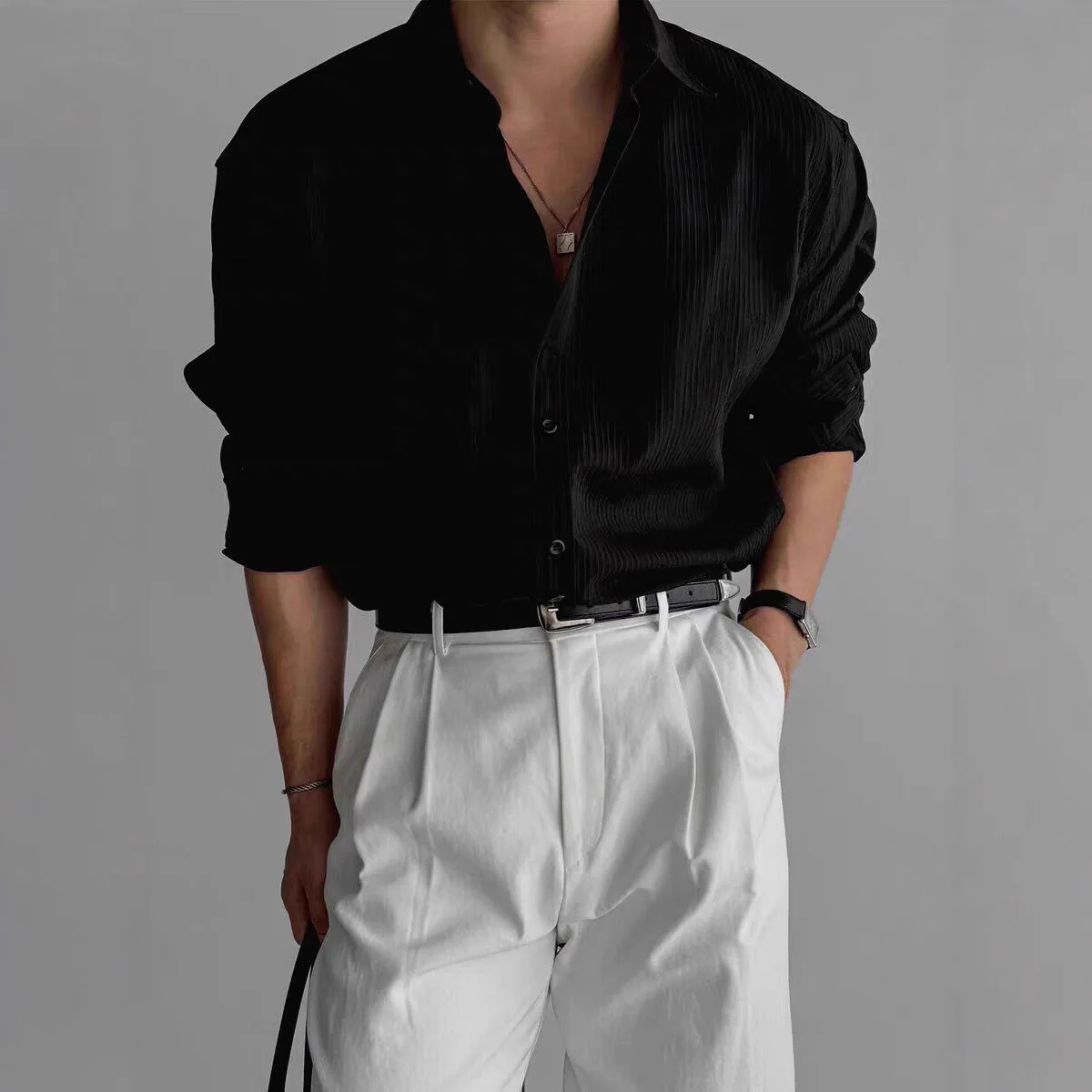Italian Premium White Wrinkle-Free Ice Silk Chiffon Loose Long Sleeve Shirt Men's Casual Top