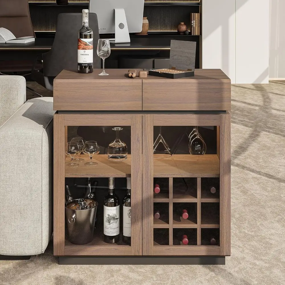 

LED-Illuminated Coffee Bar Cabinet with Removable 9-Bottle Wine Rack, 4 Glass Holders, 2 Drawers, Charging Ports, Espresso Mini