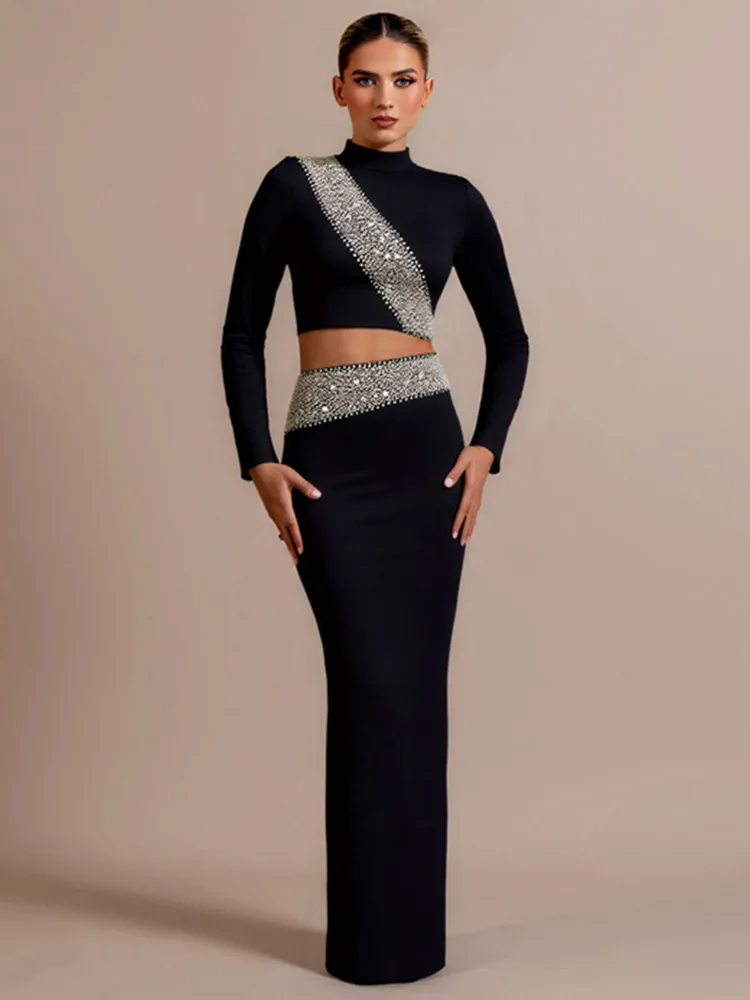 

Women Sexy Long Sleeve Diamonds Beading Maxi Long Two Pieces Skirt Bandage Set 2025 Celebrity Designer Fashion Women's Set