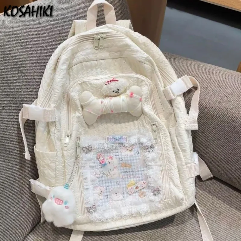 

Japanese Girls Kawaii Cute Dog Backpacks Sweet Y2k Patchwork Lace Plaid Backpacks Women Students Casual Schoolbags High-capacity