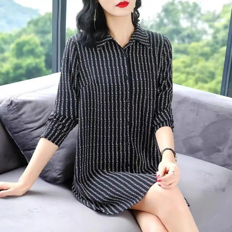 

Women's plus Size Striped irt Spring Summer Trendy Slimming Belly Covering Medium Length Collar Long Sve Casual Sle