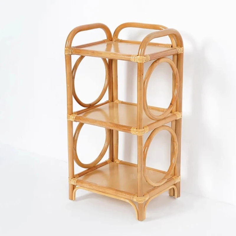 

Handwoven Rattan Storage Shelf Bedroom Multi-Layer Organizer Sofa Side Table with Woven Design Manual Crafted Corner Cabinet