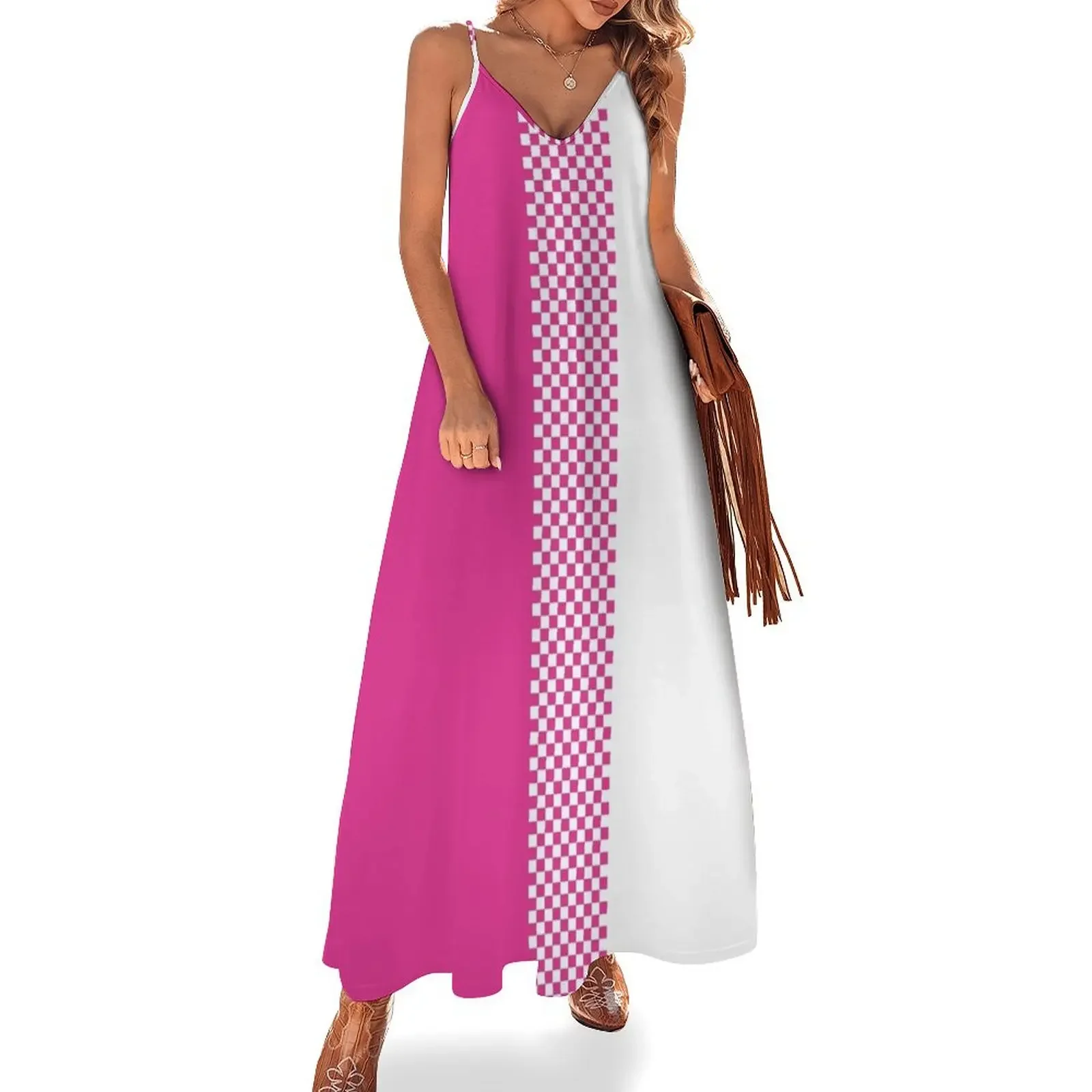 

60's, 70's, 80's, Retro Pink and White Colorblock Checkerboard Stripe Sleeveless Dress luxury woman evening dress