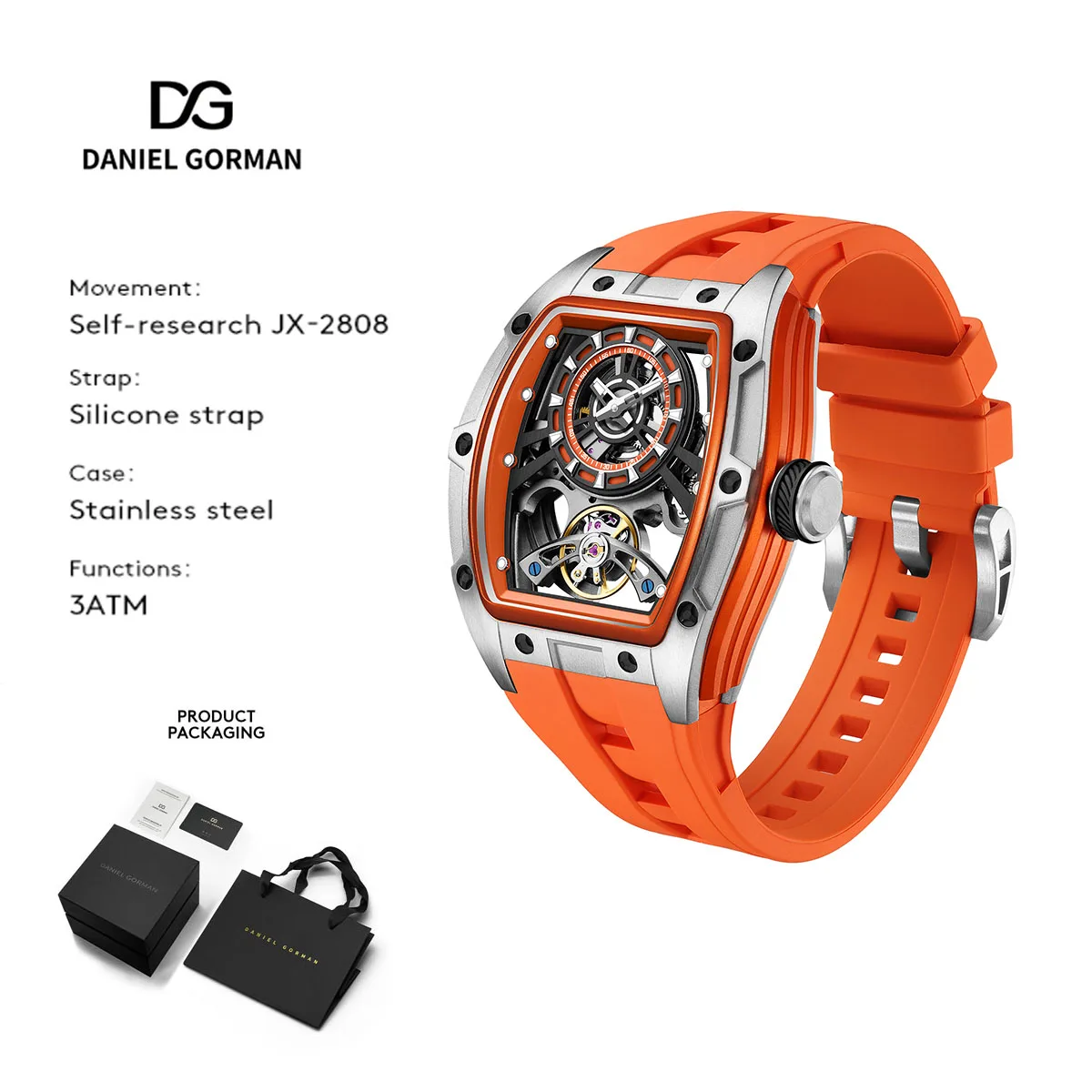 91986 Luxury Automatic Men's Watch with Hollow Dial Luminous Silicone Strap 30M Water Resistant for Casual Wear
