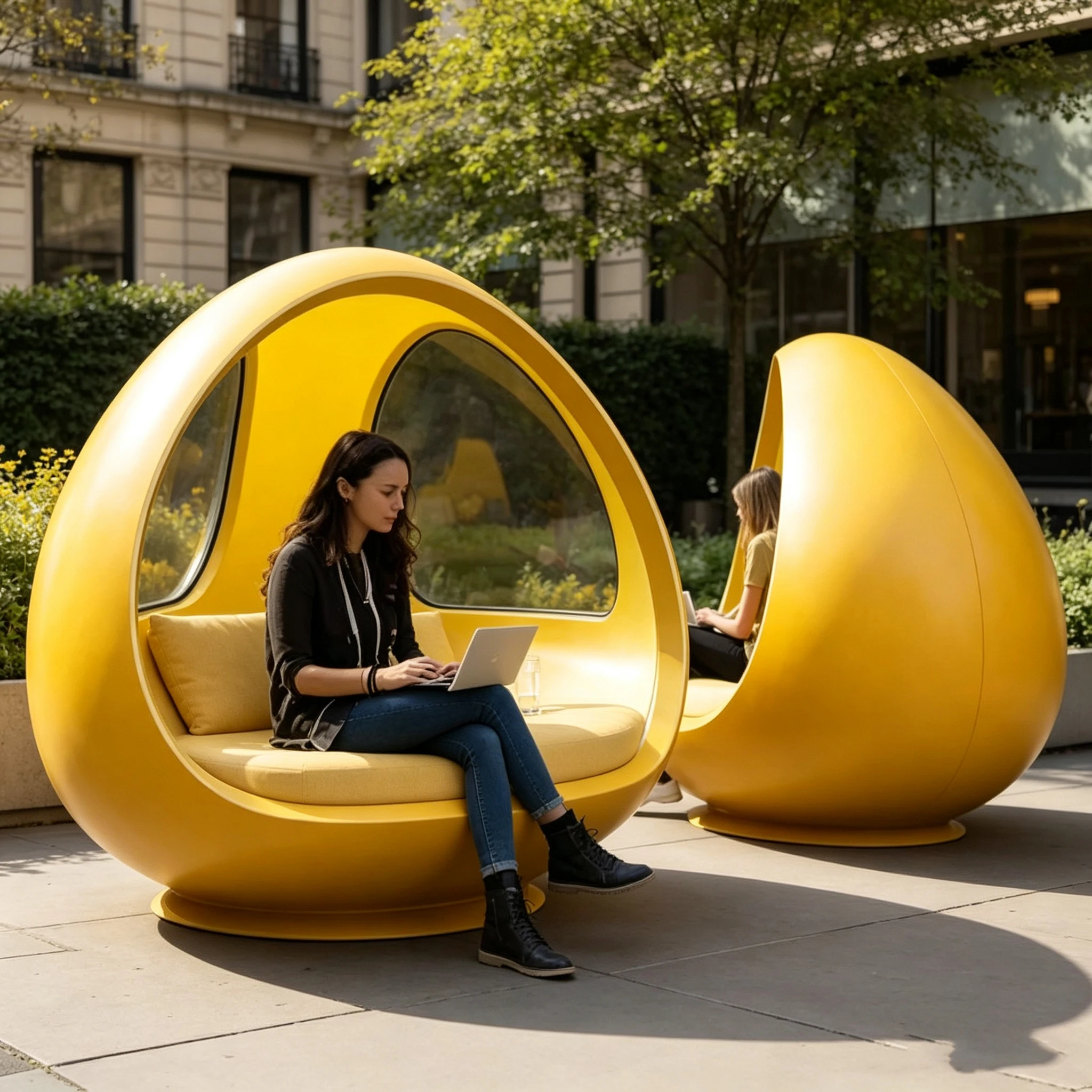 s*-Bright Yellow Enclosed Egg Lounge Pod Fiberglass Outdoor Commercial Seating for Mall Plaza Public Space