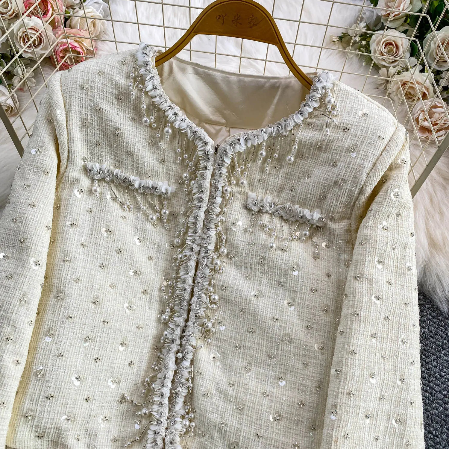 French Style Elegant Heavy Industry Beading Plush Long Sleeve Short Jacket High Waist Sequin Tweed Skirt Two-Piece Set for Women