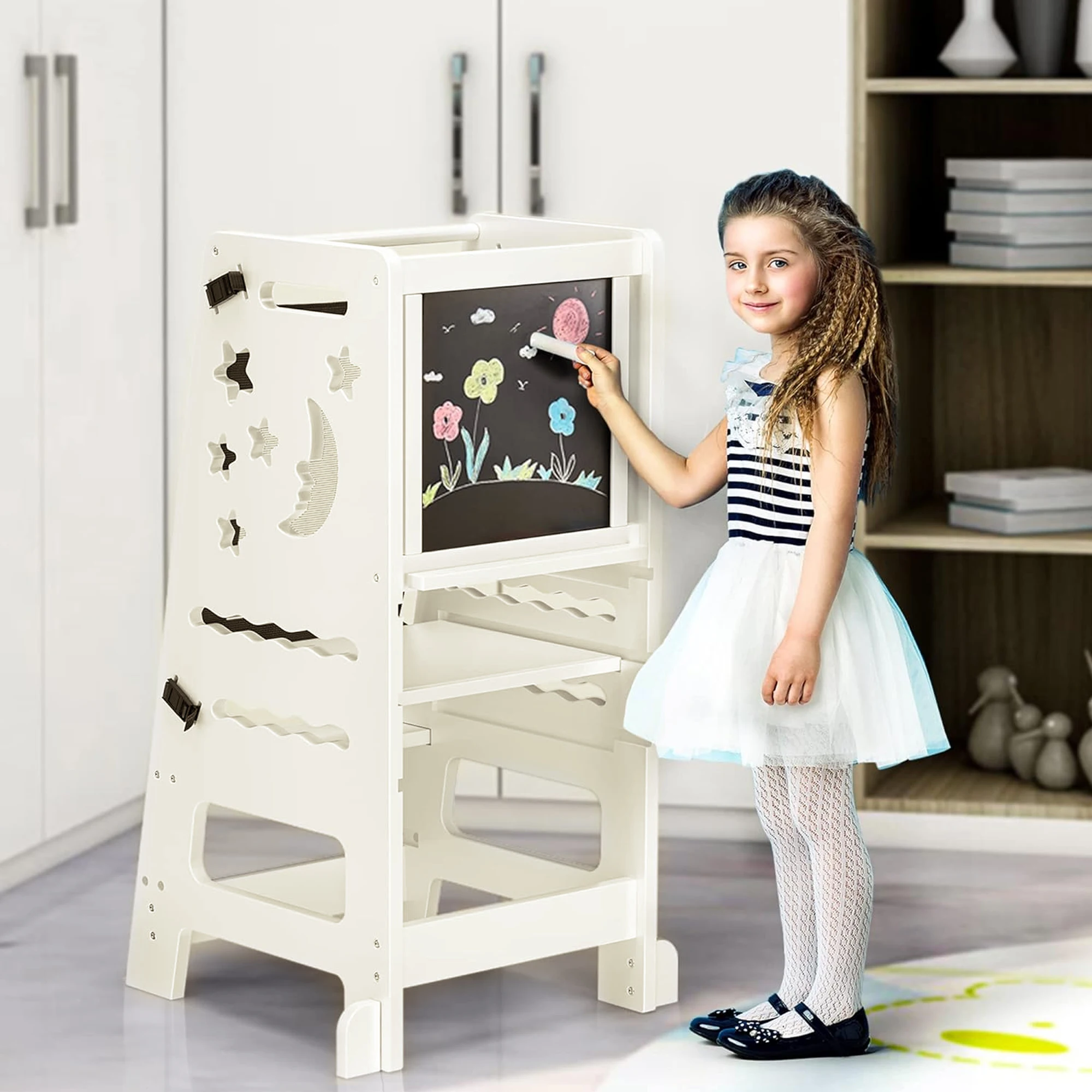 Modern 4-in-1 Toddler Kitchen Step Stool Foldable Learning Standing Tower Blackboard Bamboo Safety Living Room Helper Kids