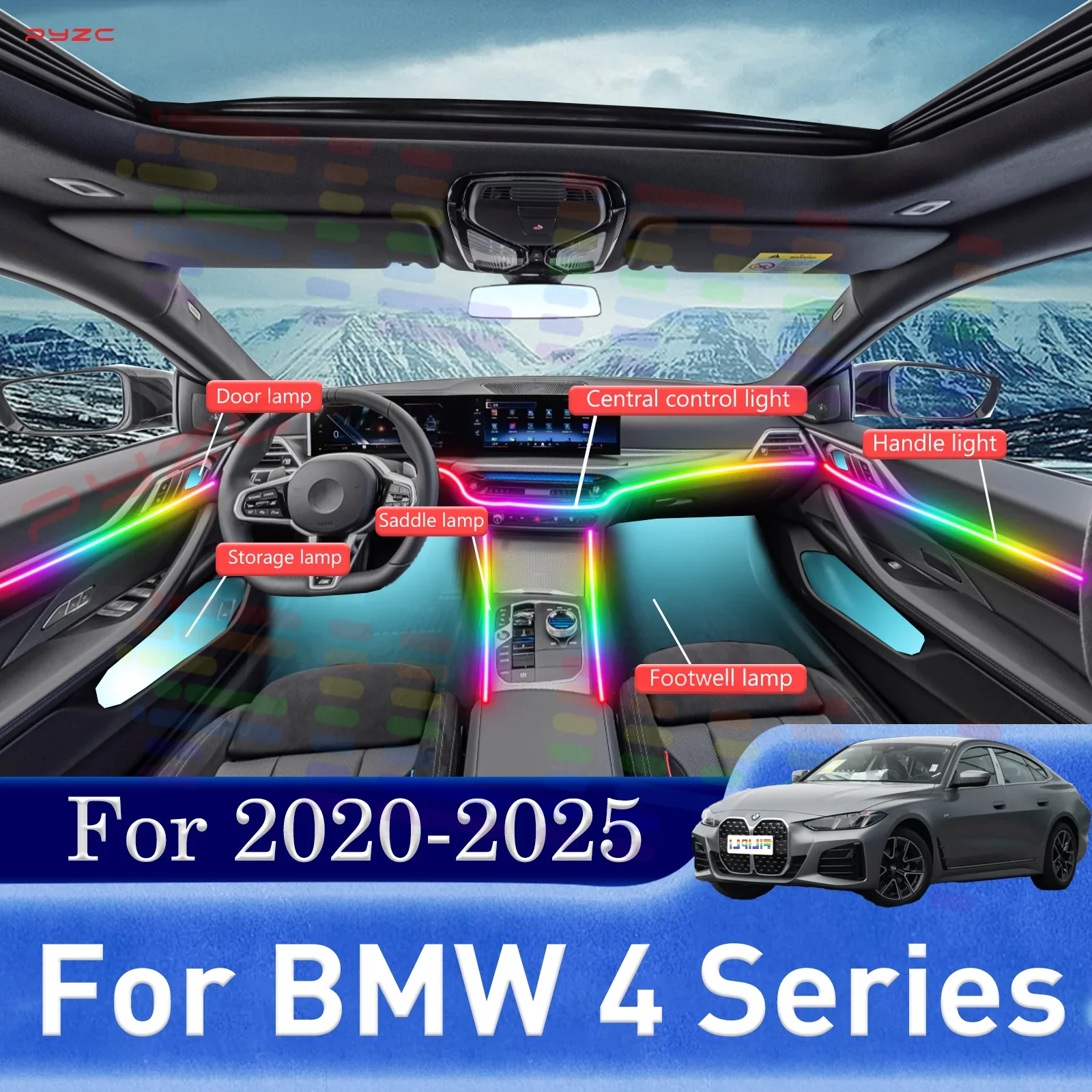 

Для BMW 4-й серии, салон автомобиля, акриловая направляющая, светодиодная лента, 64-цветная RGB симфония, управление через приложение, лампа, украшение, атмосфера