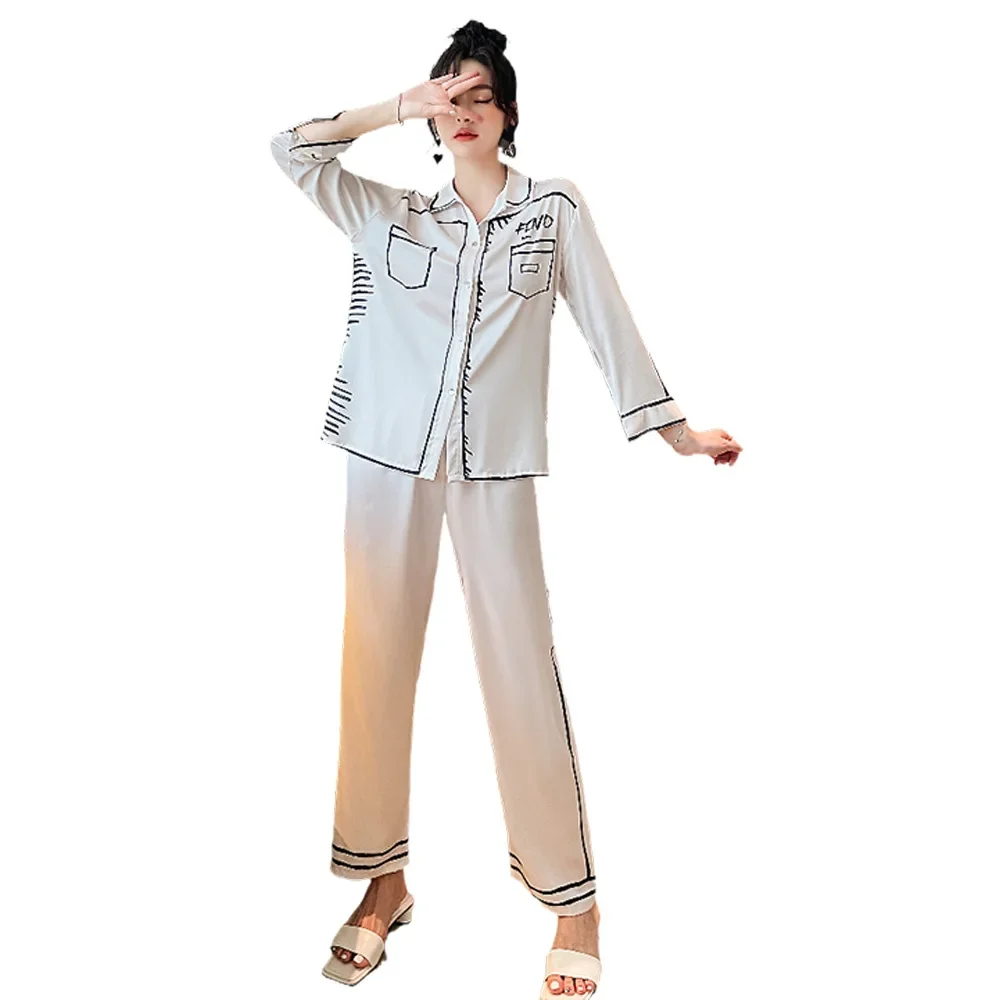 Ice Silk Long-sleeved New Pajamas Set for Women Sketch Black White Casual Sleepwear Autumn and Winter Homewear Service Suit