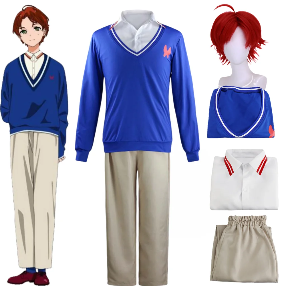 Momoe Sawaki Cosplay Kostüme Anime WONDER EGG PRIORITY Mädchen mit kurzen Haaren Rotes Haar Blaues Hemd Beige Hose