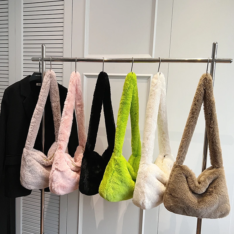 Green Design Plush Shoulder Bag For Women Fashion Chain Handbag Underarm Shopper Purse Winter Clutch Soft Fluffy Crossbody Bag