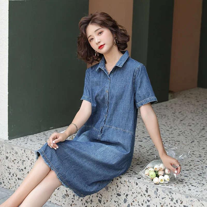 Zomer nieuwe Koreaanse stijl plus size dames halflange gewassen witte jurk met korte mouwen