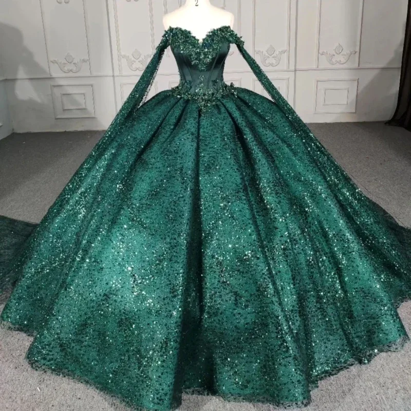 Blackish Green Sexy Backless Sparkly Ball Gown Quinceanera Dress Off The Shoulder Birthday Party Gowns Beaded Prom Dresses Vesti