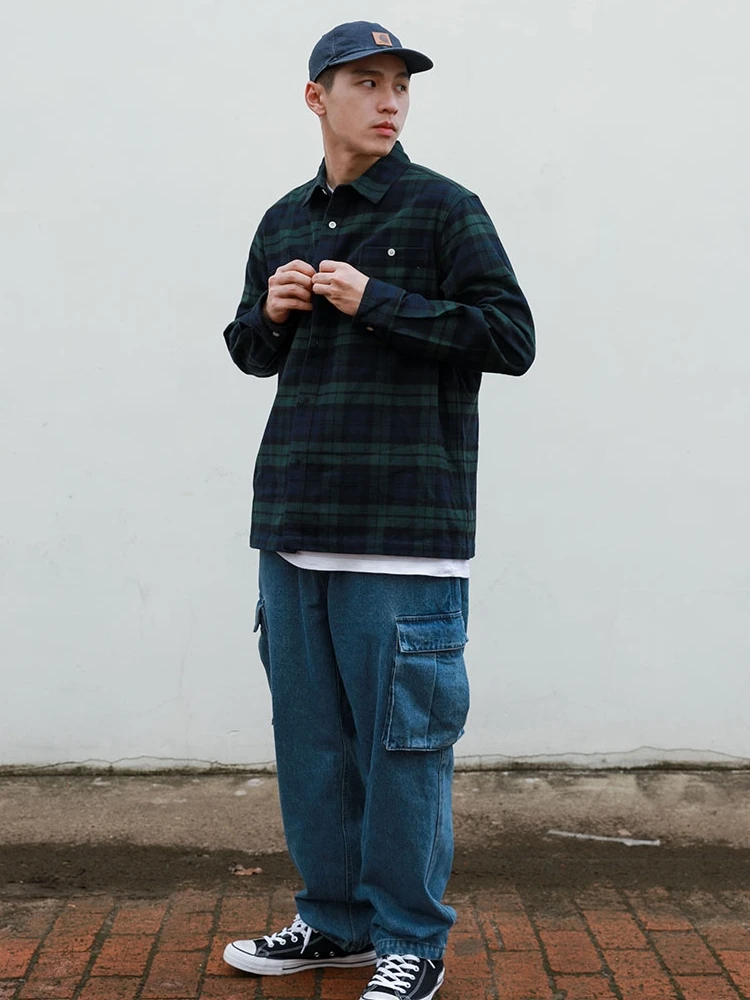 RADIUM Japanese Style Casual Plaid Long Sleeve Flannel Shirt Men's Spring Autumn Loose Fit Warm Thick Cotton Workwear