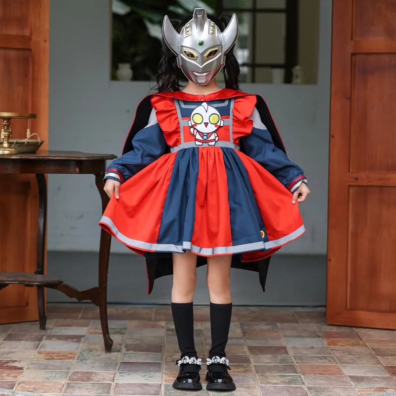 

Japanese Anime Ultraman Girl Lolita Costume Children's Princess Dress with Cloak Mask Cartoon Halloween Costume Holiday Gift