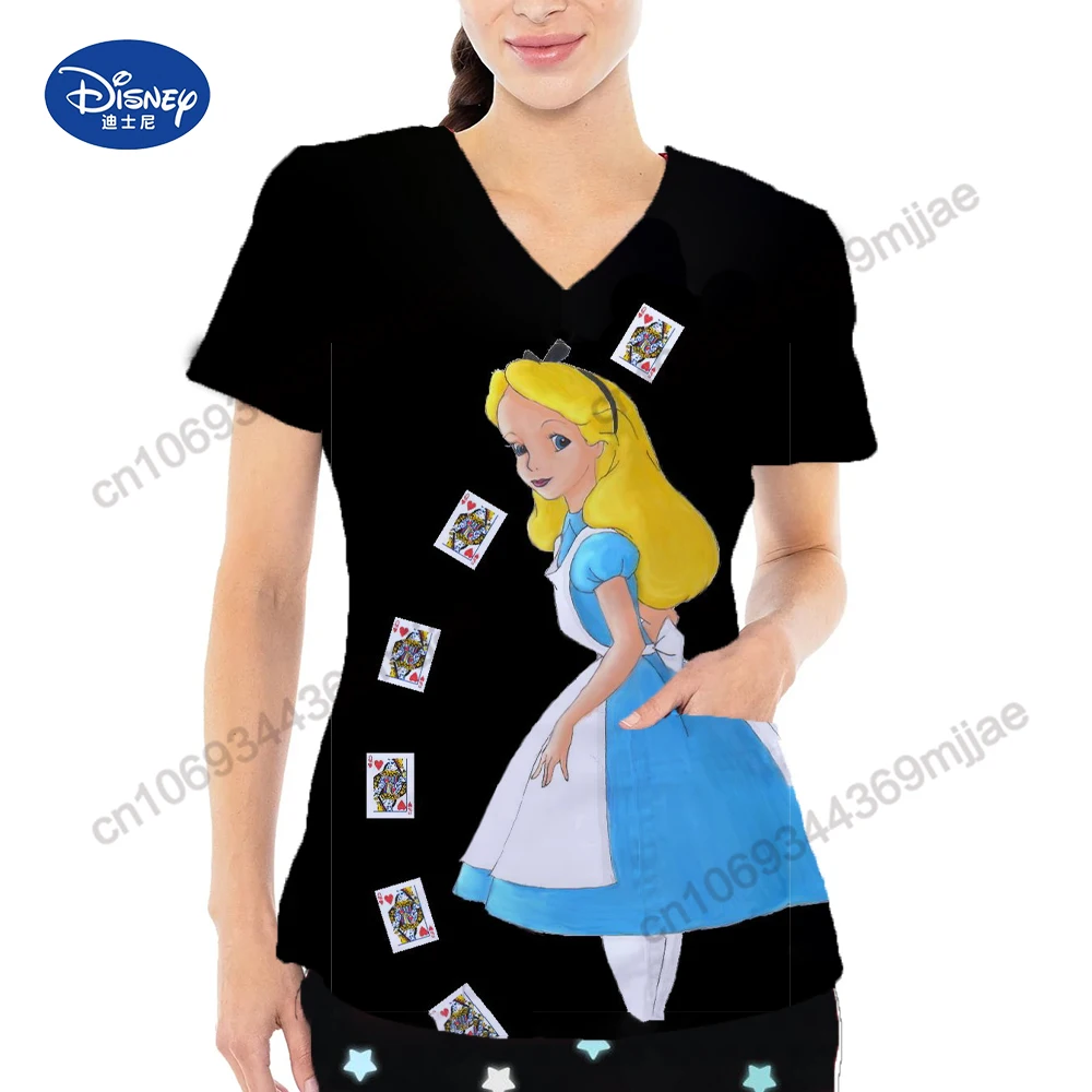 

Summer V-neck large pocket design Y2k style comfortable and casual women's T-shirt Pretty Disney cartoon pattern nurse uniform