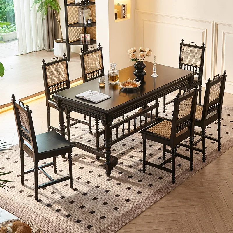 French solid wood black dining table home dining room rectangular eating board table rattan chair carved table combination
