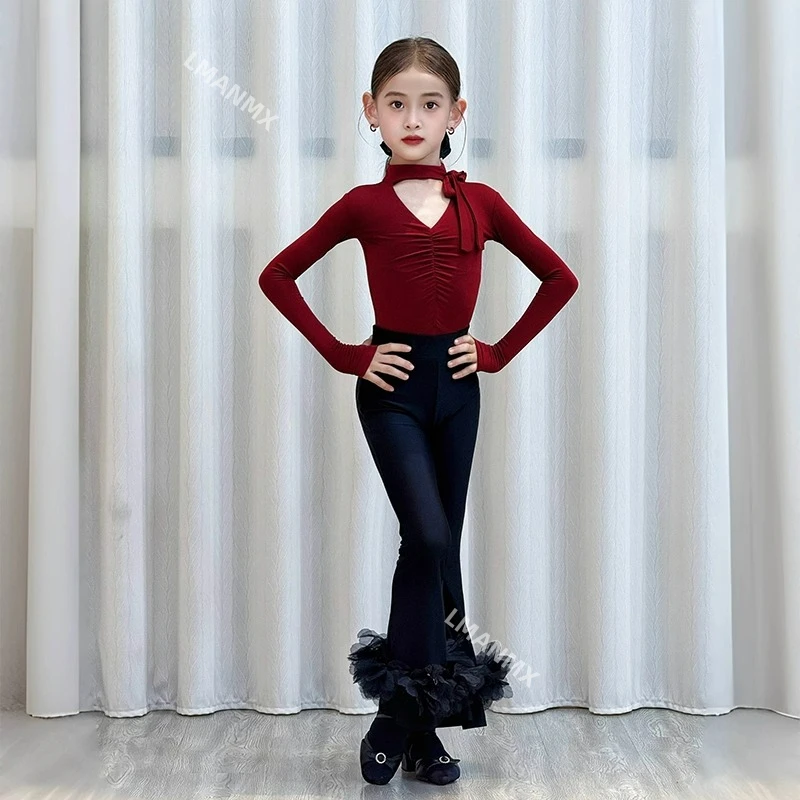 

Платье для латинских танцев, осень/зима 2023, новые детские элитные часы с длинными рукавами, тренировочные брюки для выступлений