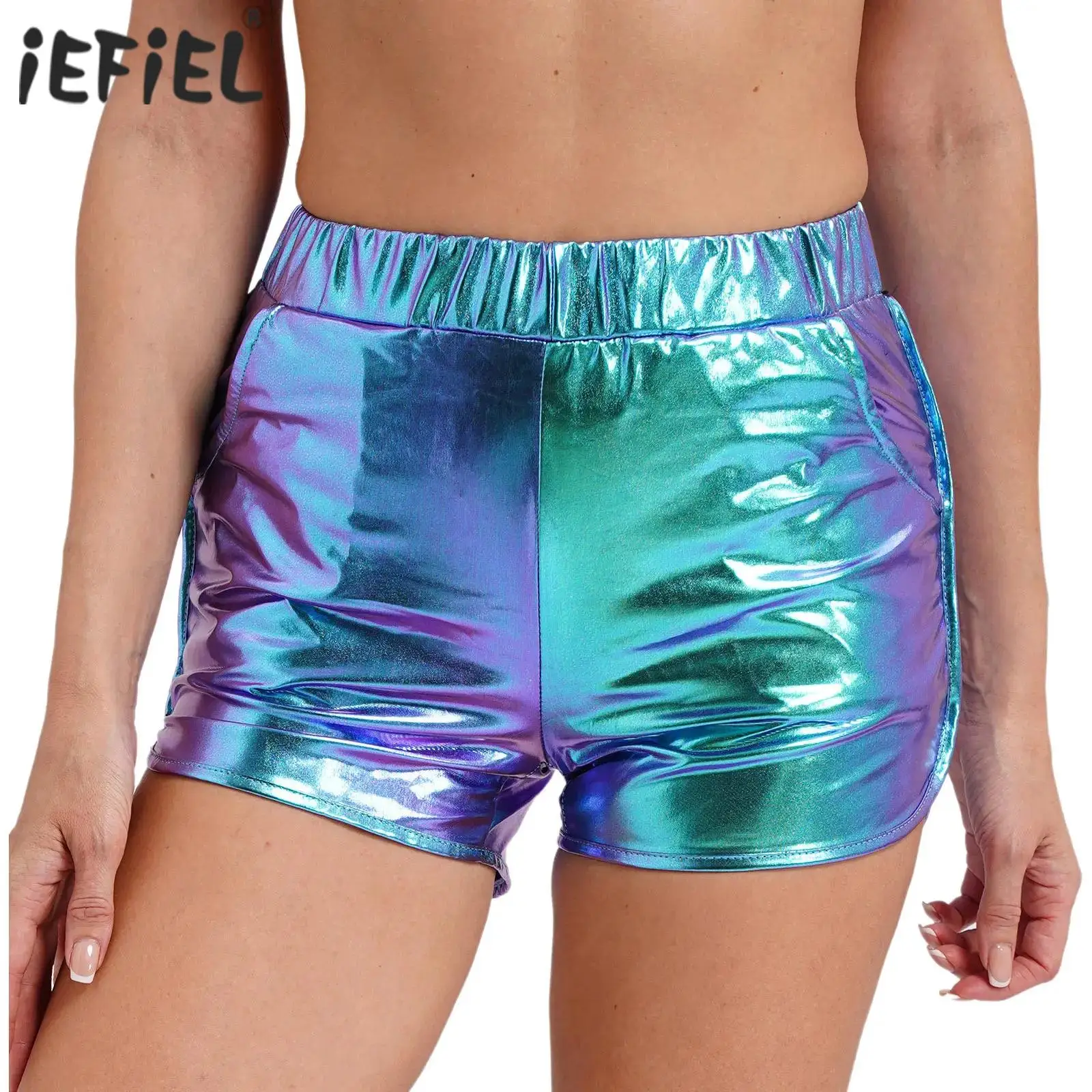 

Womens Metallic Shiny Disco Party Booty Shorts Elastic Waist Side Pockets Raves Dance Shorts Hot Pants Clubwear Yoga Fitness