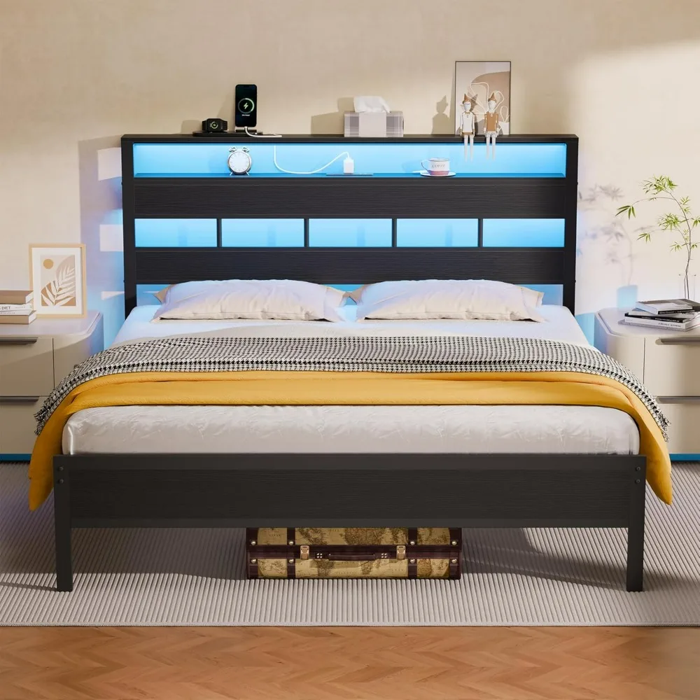 

Queen Bed Frame with Storage Headboard and LED Lights, Charging Station and USB Port, Queen Size Platform Bed with Duty Slats