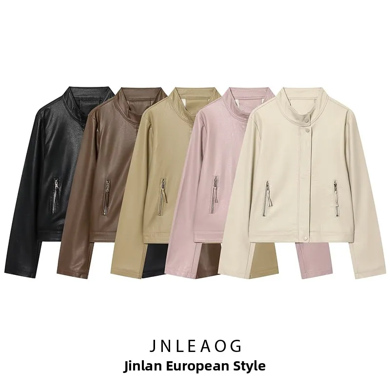 JNLEAOG Dames Faionable Dubbele Rits Stand Kraag Leer Jaet Veelzijdig Ontwerp Herfst Nieuwe Collectie Dames Bovenkleding