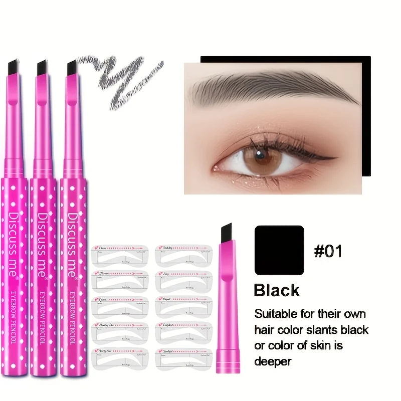 3 PCS Discuss Me Black Eyebrow Pen With Eyebrow Stencil Templates, Smooth‑Coloring Eyebrow Makeup Pen, Multiple Eyebrow Shape Auxiliary Cards, #01 Black Suitable For People With Black Hair And Deeper Skin Tone