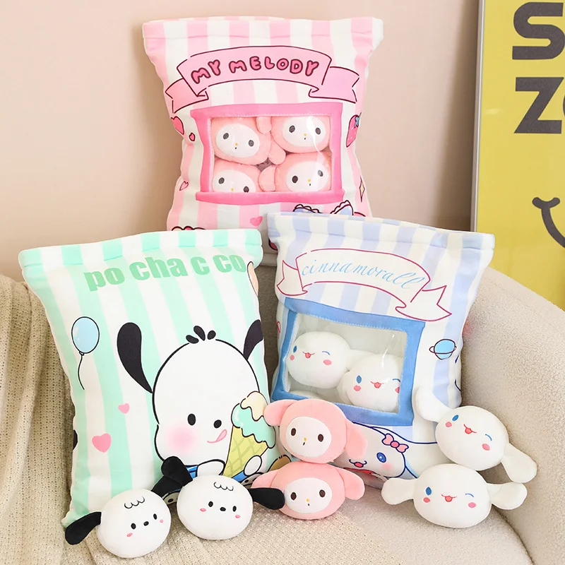 

Sanrio Cute 6pcs Doll in Bag Plush Toy Creative Kuromi My Melody Cinnamoroll Pochacco Plushies Home Decor Throw Pillow Girl Gift