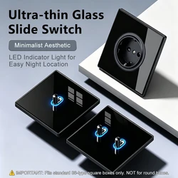 Ultra Thin Tempered Black Glass Slide Switch Socket EU UK 86mm Standard Outlet Minimalist Luxury Bedroom Home Office Villa Decor