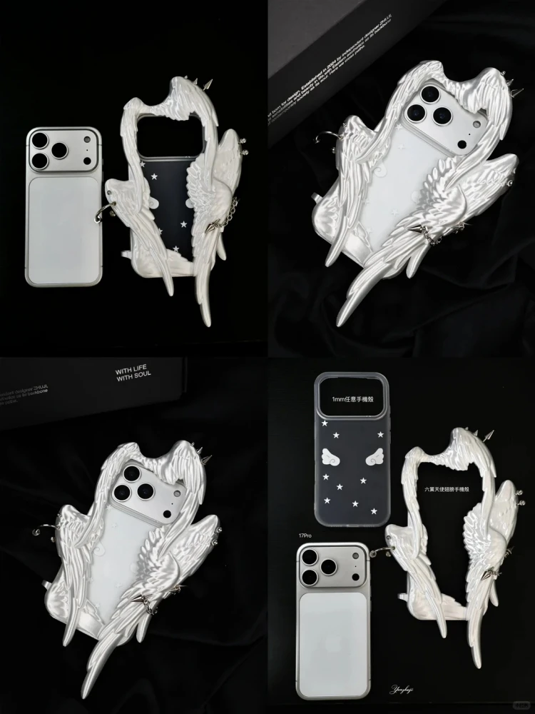 Original Y2k Six Winged Angel Rivet Pierced Hollow Cutout Phone Case Customization 3d Printed Soft Flexible Tpu Decor Gifts Acg