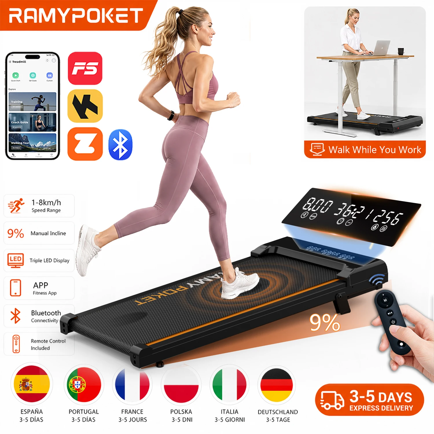 RAMYPOKET Caminadora Electrica Para Casa con Inclinación 9%,1-8km/h, Control Mediante Aplicación y Pantalla LED de Tres Ventanas, 2.5HP, Máxima120kg, Cinta de Correr Bajo Escritorio