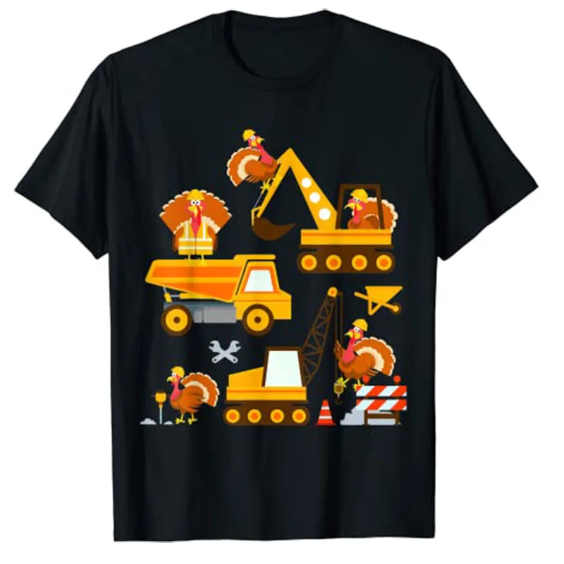 Construction Vehicle Thanksgiving Truck Turkey Boys Kids T-Shirt Gifts Funny Thankful Day Costume Graphic Tee Tops Sons Outfits