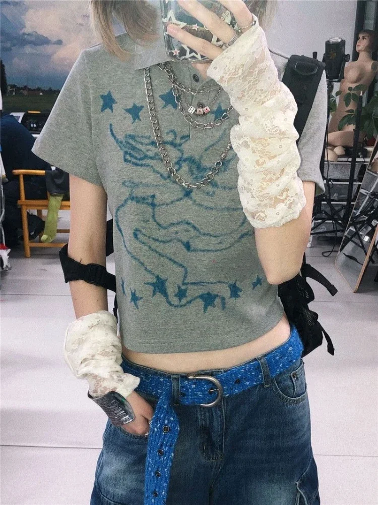 Deeptown Gray Cartoon Print Women Cropped T-Shirts Y2k Short Sleeve Polo Collar American Vintage Tee Slim Harajuku Casual Summer